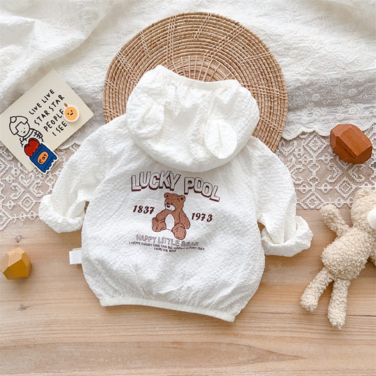 Unisex nan strukturierte Baumwolle Baby Kapuze Zip Front Jacke mit Bären Applikation R&B