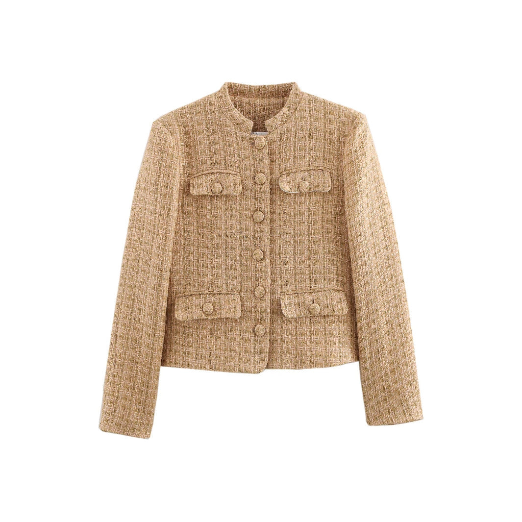 Damen elegante Bouclejacke mit goldenen Knöpfen und aufgesetzten Taschen R&B