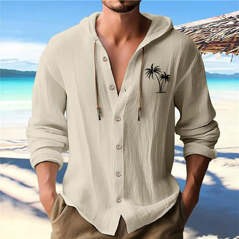 Herren lässiges Kapuzenshirt mit dekorativem Palmendruck und Knopfleiste R&B