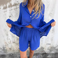 Damen legeres Baumwoll-Shorts-Set mit oversized Hemd und elastischem Bund