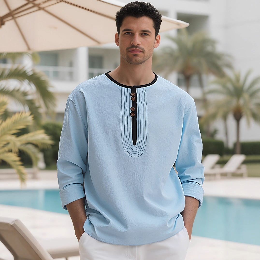 Herren nan weit geschnittenes Langarm-Kurta-Oberteil mit dekorativen Biesen und Holzknopfleiste R&B