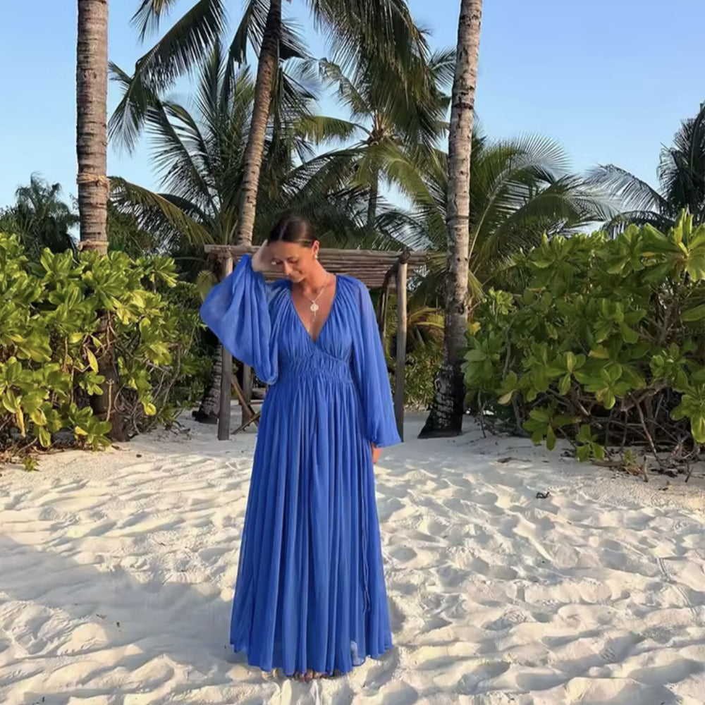 Damen Maxikleid mit eleganter Wickeloptik und femininen Rüschen R&B