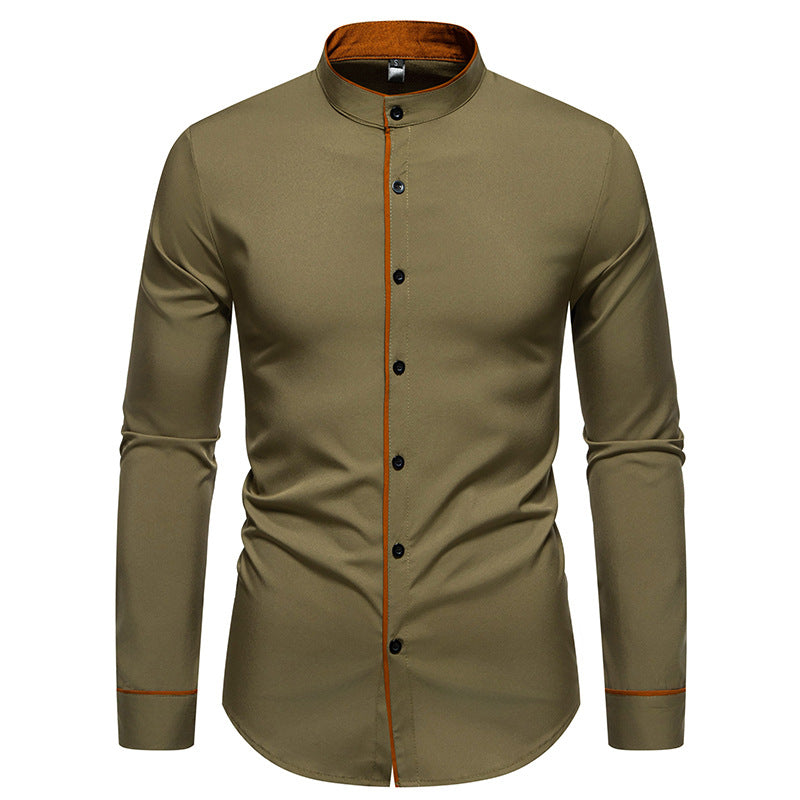 Herren Langarmhemd mit modernem Stehkragen und gesticktem Detail R&B