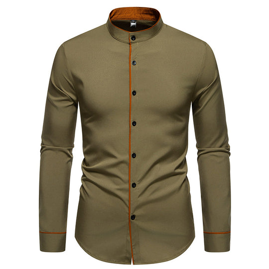 Herren Langarmhemd mit modernem Stehkragen und gesticktem Detail R&B