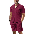 Herren nan modernes Kurzarm-Hemden-Set im Resortstil mit aufgesetzten Pattentaschen, offenem Reverskragen und Kordelzug-Bermuda aus Strukturjersey R&B