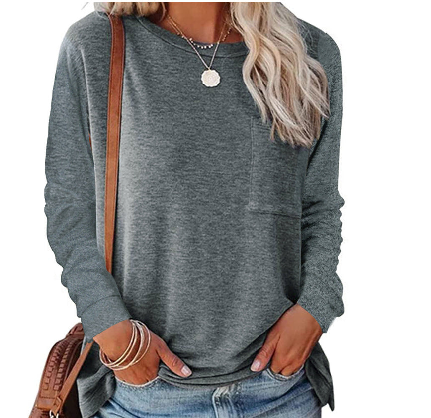 Damen lässiges Langarmshirt mit Taschen und Rundhalsausschnitt R&B