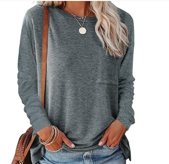 Damen lässiges Langarmshirt mit Taschen und Rundhalsausschnitt R&B