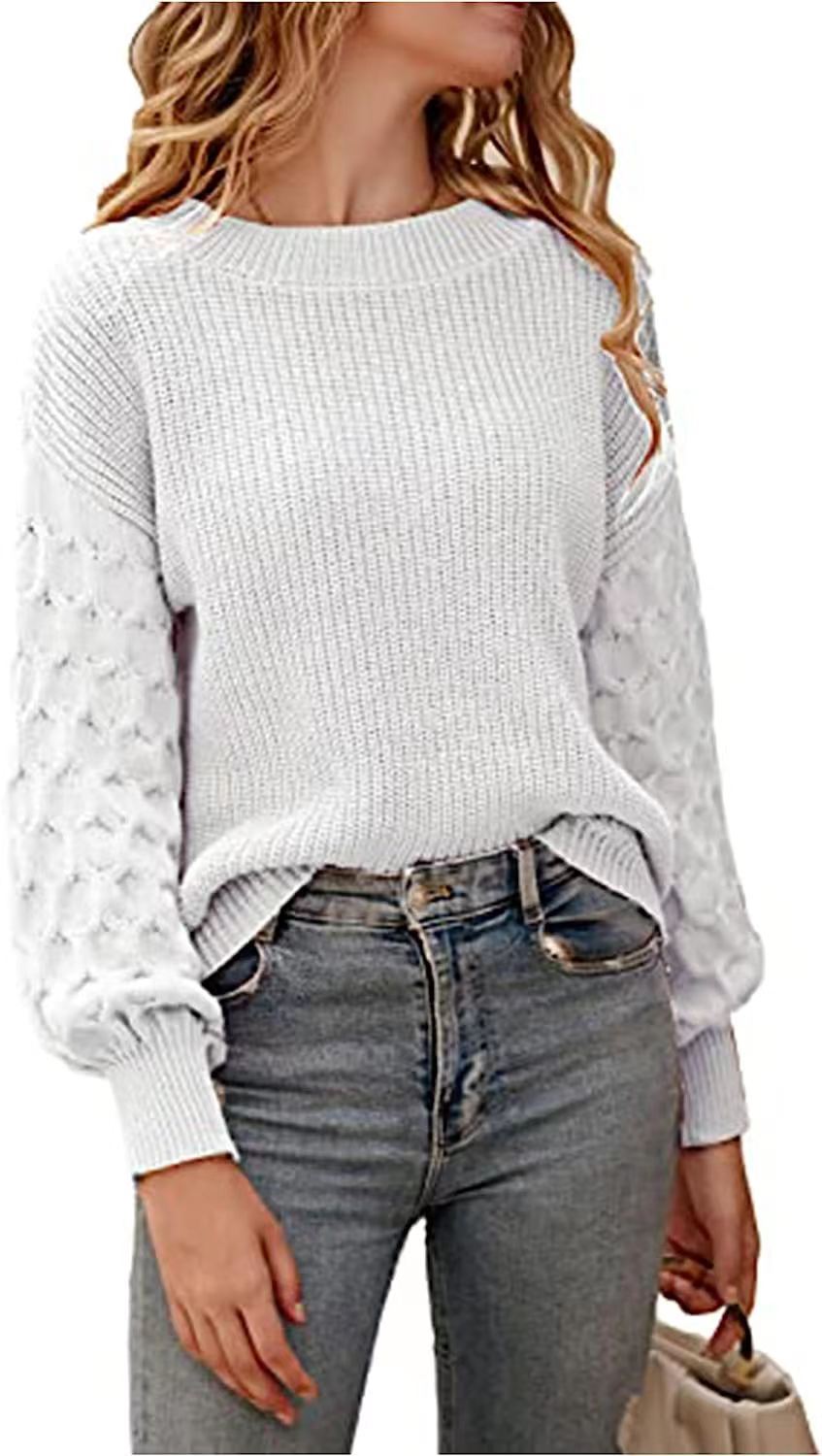 Damen modischer Strickpullover mit strukturierten Ärmeln und Rundhalsausschnitt R&B