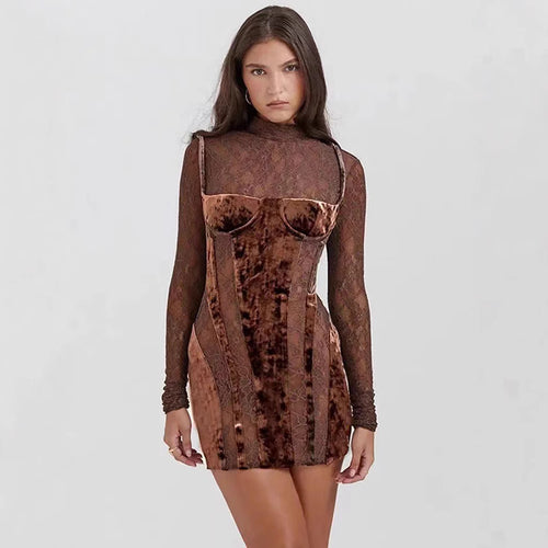 Damen Elegantes Spitzenkleid mit verführerischem V-Ausschnitt und langem Arm R&B