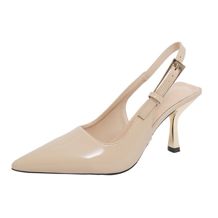 Damen elegante Slingback-Pumps mit spitzem Zehenbereich und glanzvollem Blockabsatz R&B