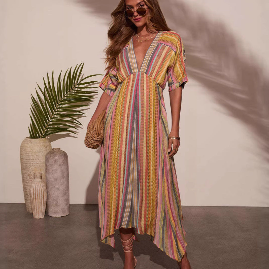 Damen Maxikleid mit tiefem V-Ausschnitt und schwingendem Rock R&B