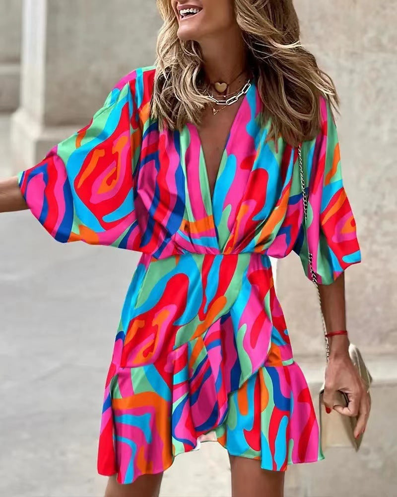 Damen Wickelmini-Kleid mit voluminösen Ärmeln und modischem Animal-Print R&B