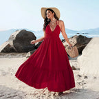Damen Maxikleid mit tiefem V-Ausschnitt und elastischem Taillenbund R&B