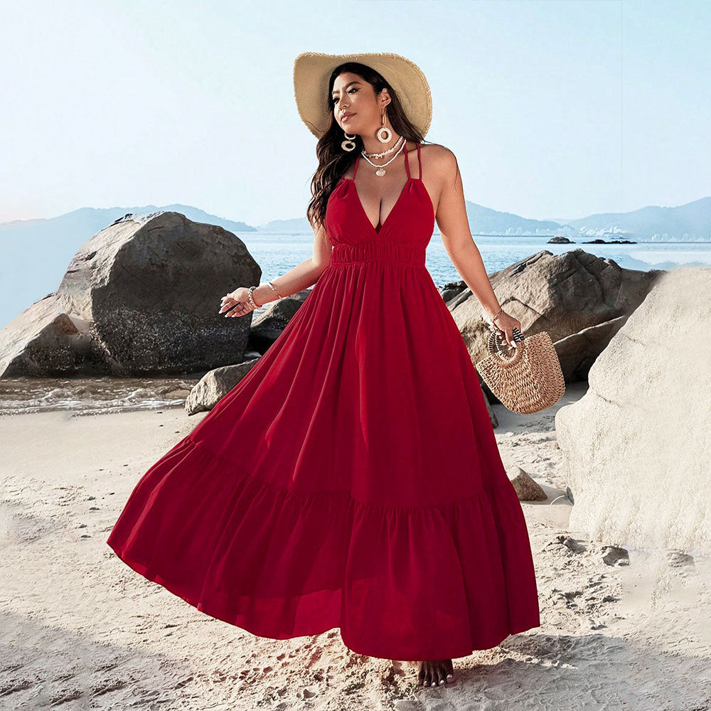 Damen Maxikleid mit tiefem V-Ausschnitt und elastischem Taillenbund R&B