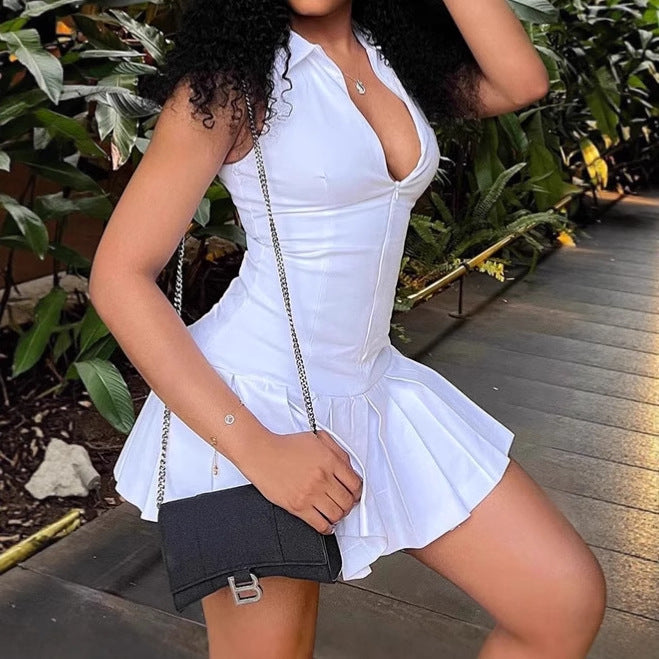 Damen Minikleid mit voluminösem Rock und tiefem V-Ausschnitt R&B