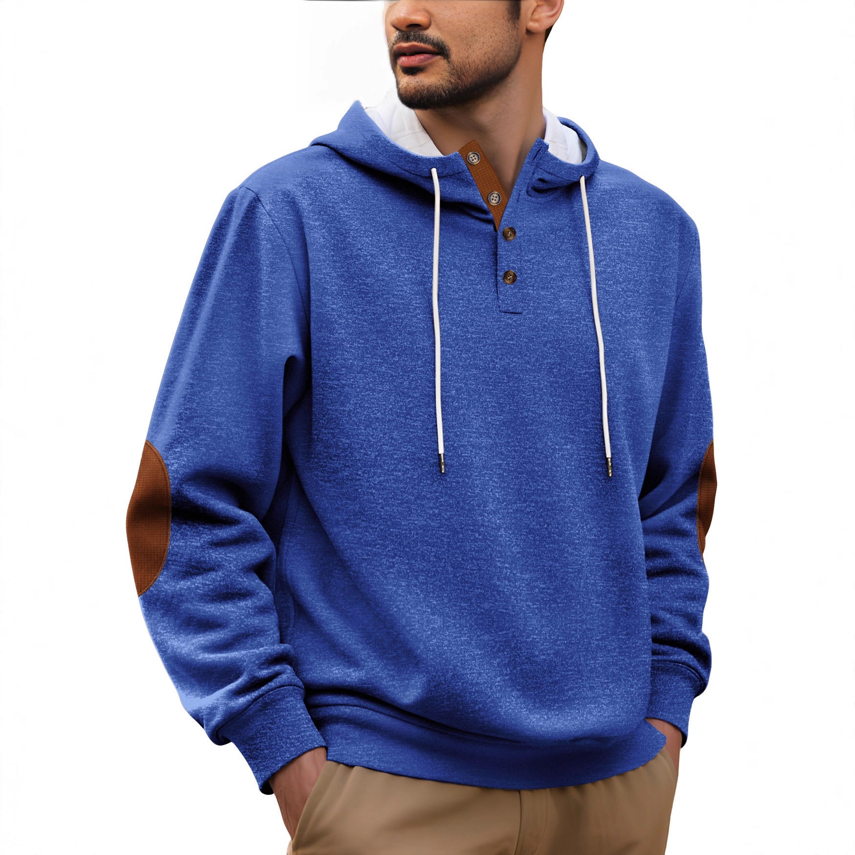 Herren nan Kapuzenpullover im puristischen Freizeitstil mit Henley-Knopfleiste, kontrastierter Kapuzeninnenseite und Ellenbogenaufnähern R&B