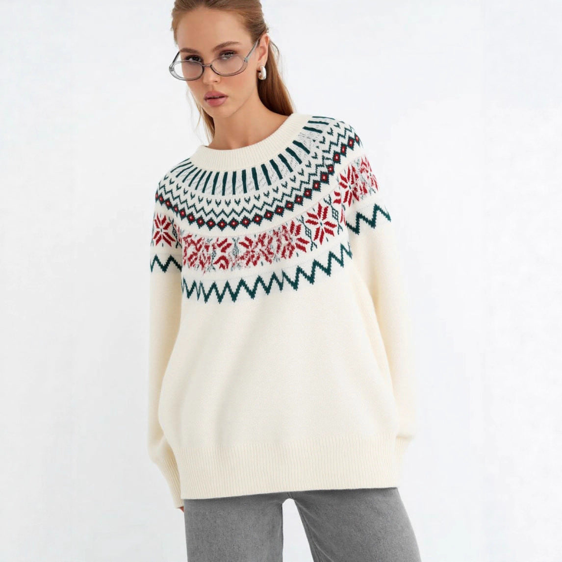 Damen Strickpullover mit festlichem Norweger-Motiv und weitem Schnitt R&B