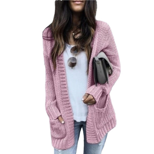 Damen lässige Strickjacke mit großen Taschen und offenen Kanten R&B