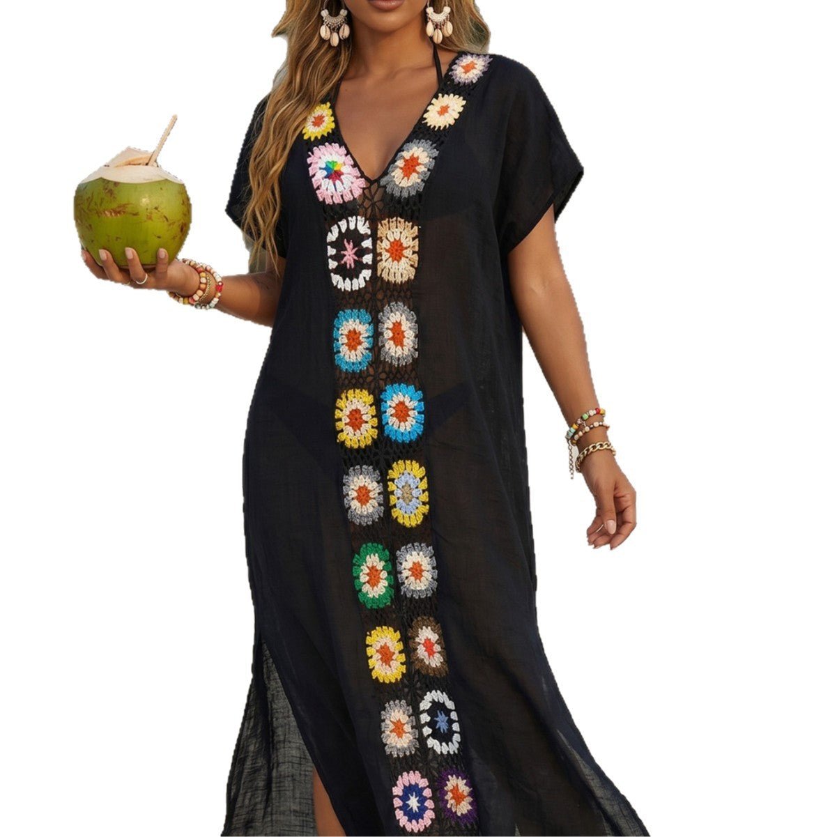 Damen Häkel-Strandkimono mit floralem Patchwork-Design R&B