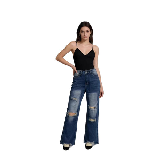 Damen weite Jeans mit stylischem Destroyed-Detail und bequemer Passform R&B
