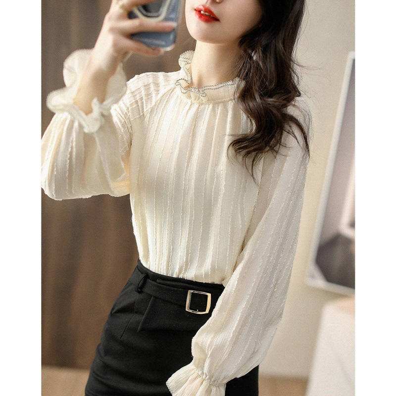 Damen Rüsch-Hochkragenbluse mit transparenten Ärmeldetails R&B