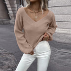 Damen Strickpullover mit V-Ausschnitt und voluminösen Ärmeln R&B