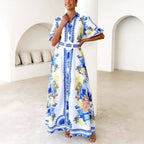 Damen Maxikleid mit floralem Knopfleisten-Design und tailliertem Gürtel R&B