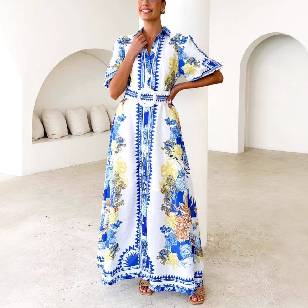 Damen Maxikleid mit floralem Knopfleisten-Design und tailliertem Gürtel R&B