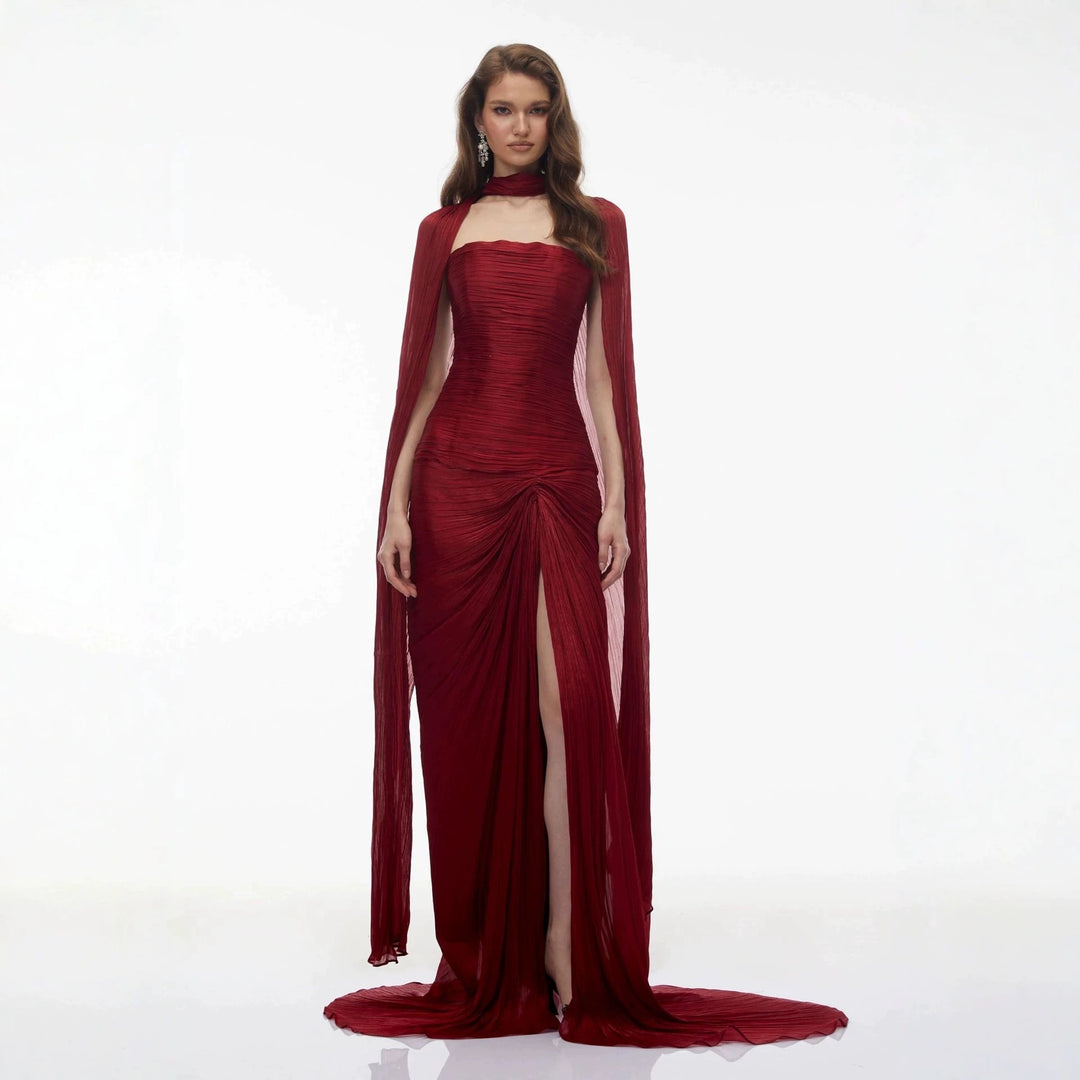 Damen Elegantes Maxikleid mit schulterfreier Silhouette und drapierter Cape-Optik R&B