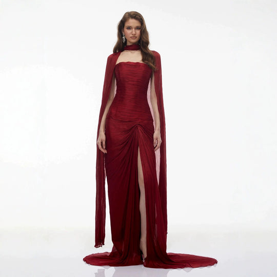 Damen Elegantes Maxikleid mit schulterfreier Silhouette und drapierter Cape-Optik R&B