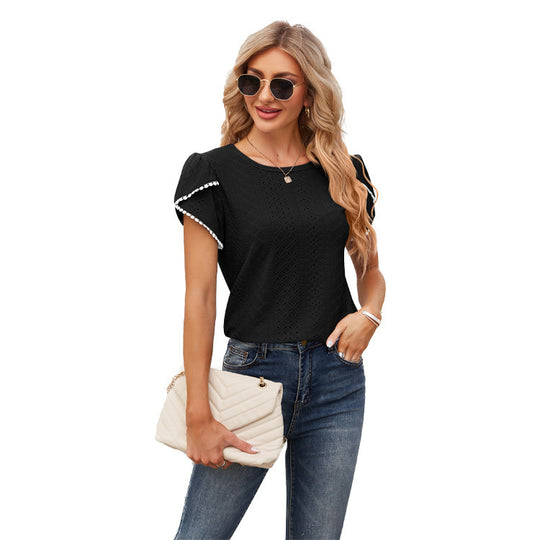 Damen Elegante Bluse mit Rüschenärmeln und Lochmuster R&B