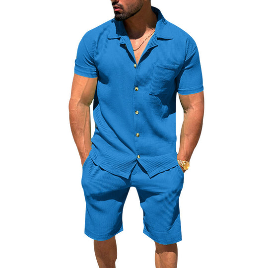 Herren nan lässiges zweiteiliges Freizeitset aus geripptem Jersey mit Hemdkragen Knopfleiste und Shorts R&B