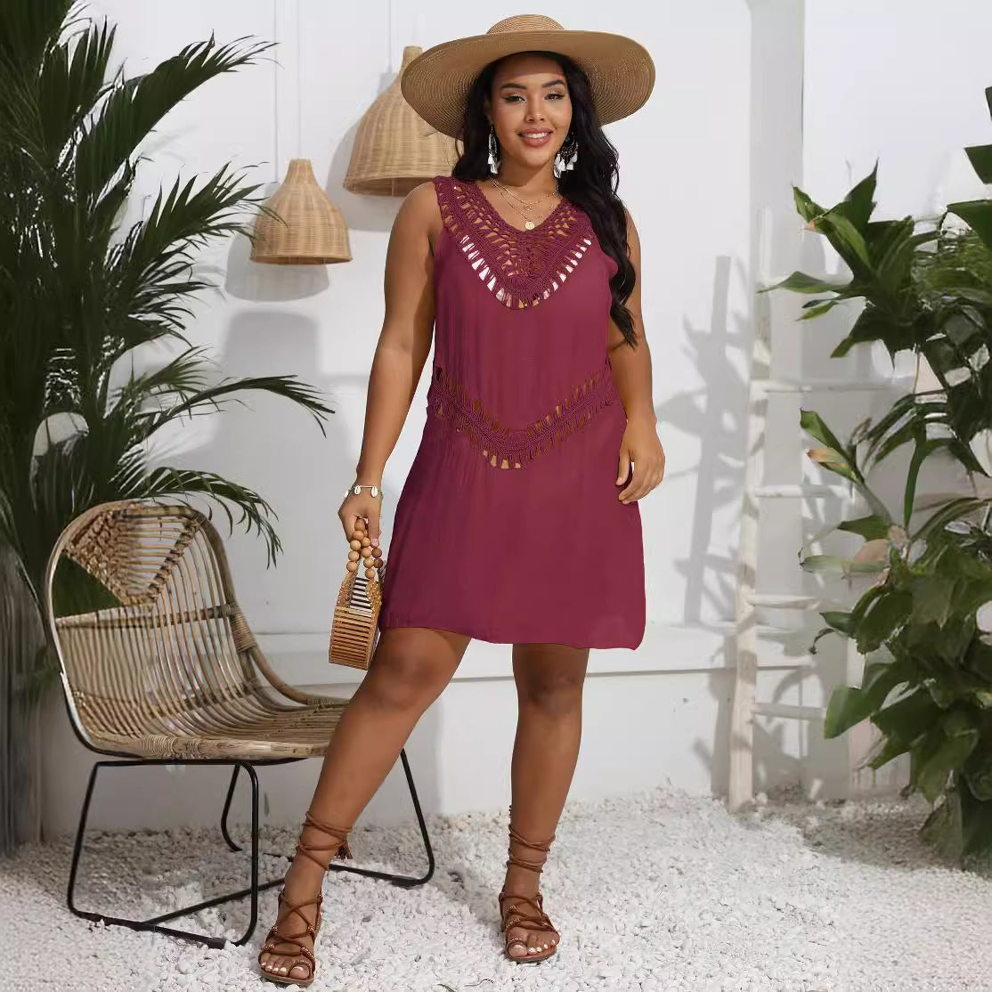 Damen luftiges Häkelkleid mit V-Ausschnitt und dekorativem Schnitt R&B