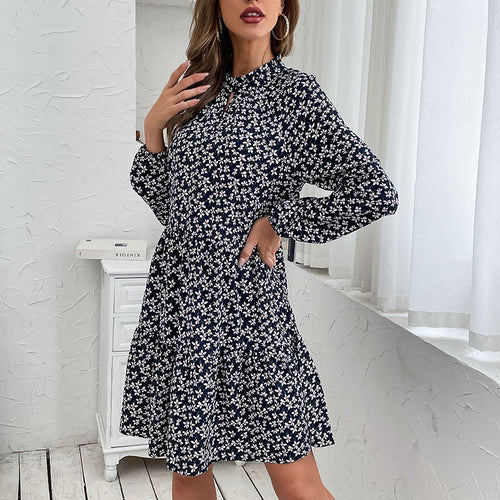 Damen Blümchen-Midikleid mit schickem Standkragen und asymmetrischem Schnitt R&B