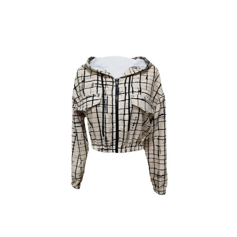 Damen stylische kurz geschnittene Jacke mit geometrischem Muster und moderner Kängurutasche R&B