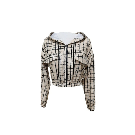 Damen stylische kurz geschnittene Jacke mit geometrischem Muster und moderner Kängurutasche R&B