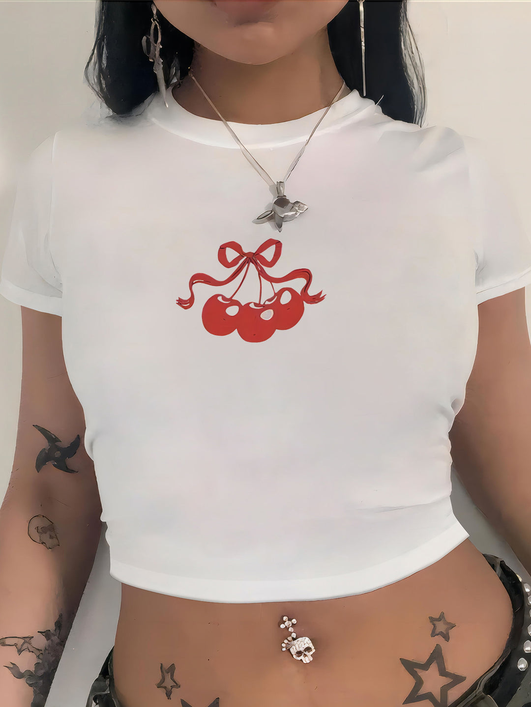 Damen Crop-T-Shirt mit kreativem Totenkopf-Design und figurbetontem Schnitt R&B
