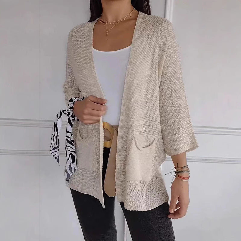Damen lässige Strickjacke mit offener Vorderseite und praktischen Taschen R&B