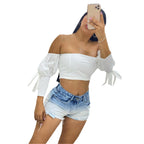 Damen Crop Top mit Puffärmeln und elastischen Bündchen R&B