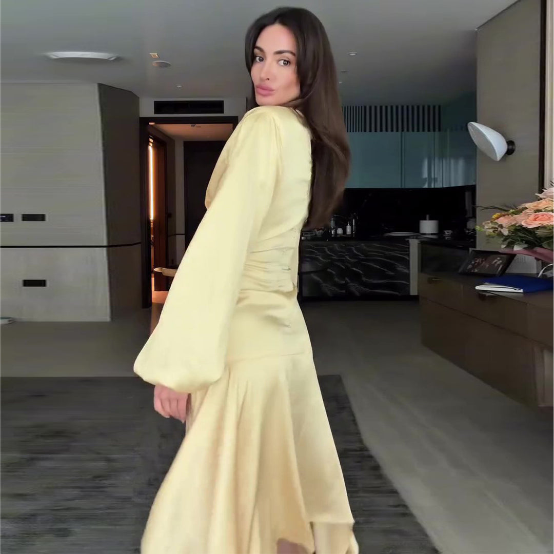 Damen elegantes Wickelkleid mit modischen Cut-Out-Details und voluminösen Ärmeln R&B
