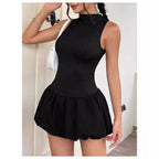 Damen trendiges Mini-Kleid mit hohem Kragen und voluminösem Rock R&B