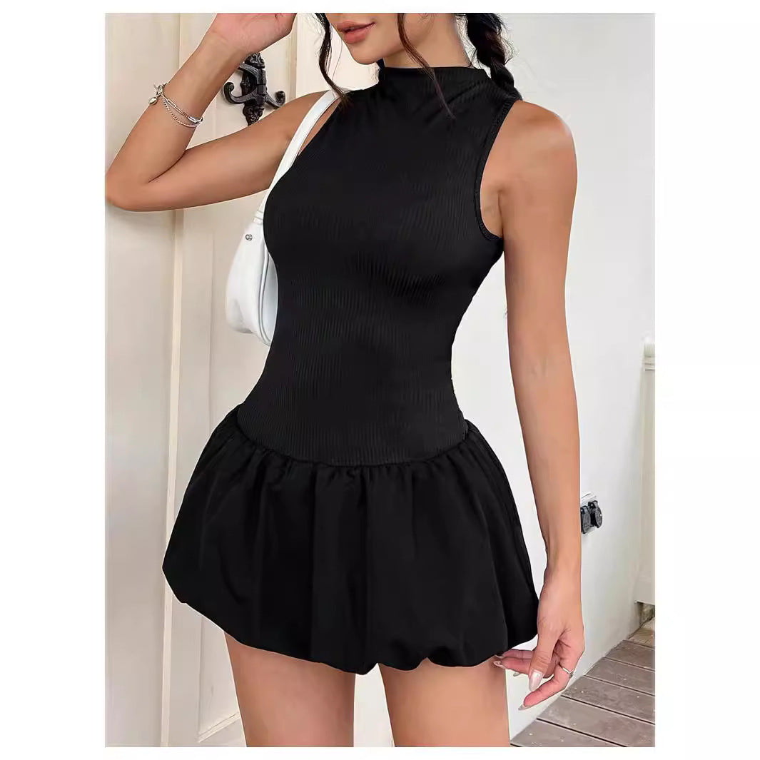 Damen trendiges Mini-Kleid mit hohem Kragen und voluminösem Rock R&B