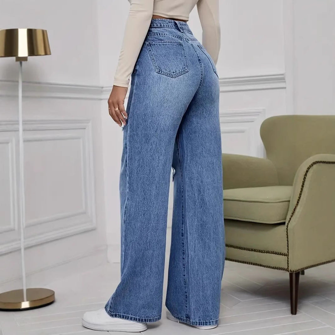 Damen Weite High-Waist Jeans mit modischen Rissdetails R&B