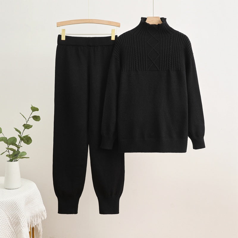 Damen gemütliches Strick-Loungewear-Set mit hohem Kragen und Rippstruktur R&B