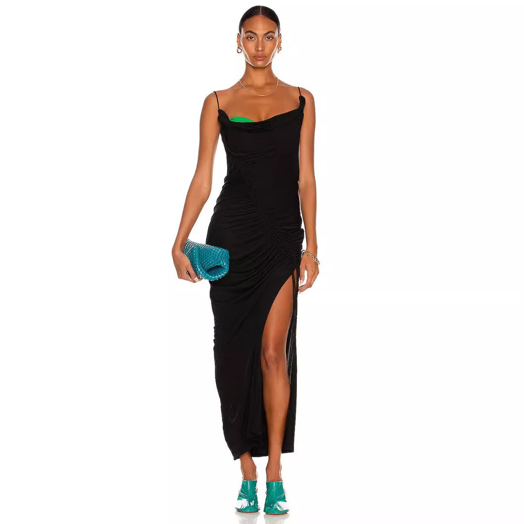 Damen drapiertes Maxikleid mit seitlichem Schlitz und asymmetrischem Schnitt R&B