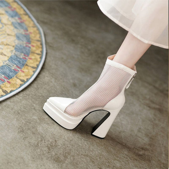 Damen stilvolle Plateau-Stiefeletten mit transparentem Netzdesign R&B