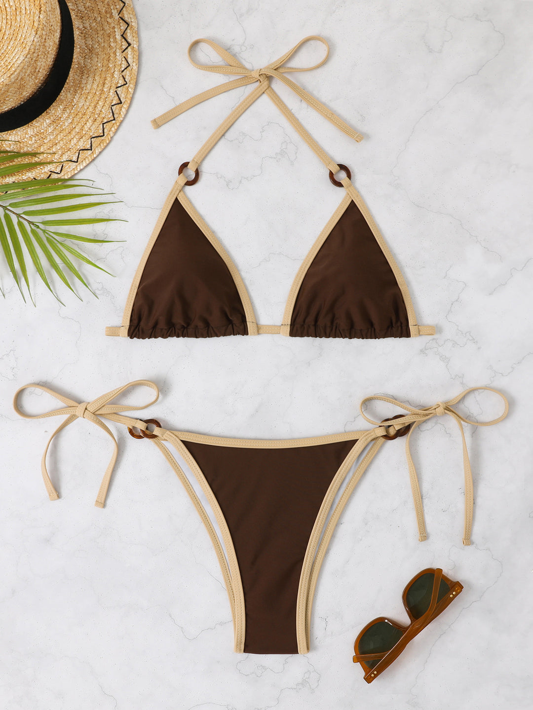 Damen Triangel-Bikini mit verstellbaren Trägern und Ringdetails R&B