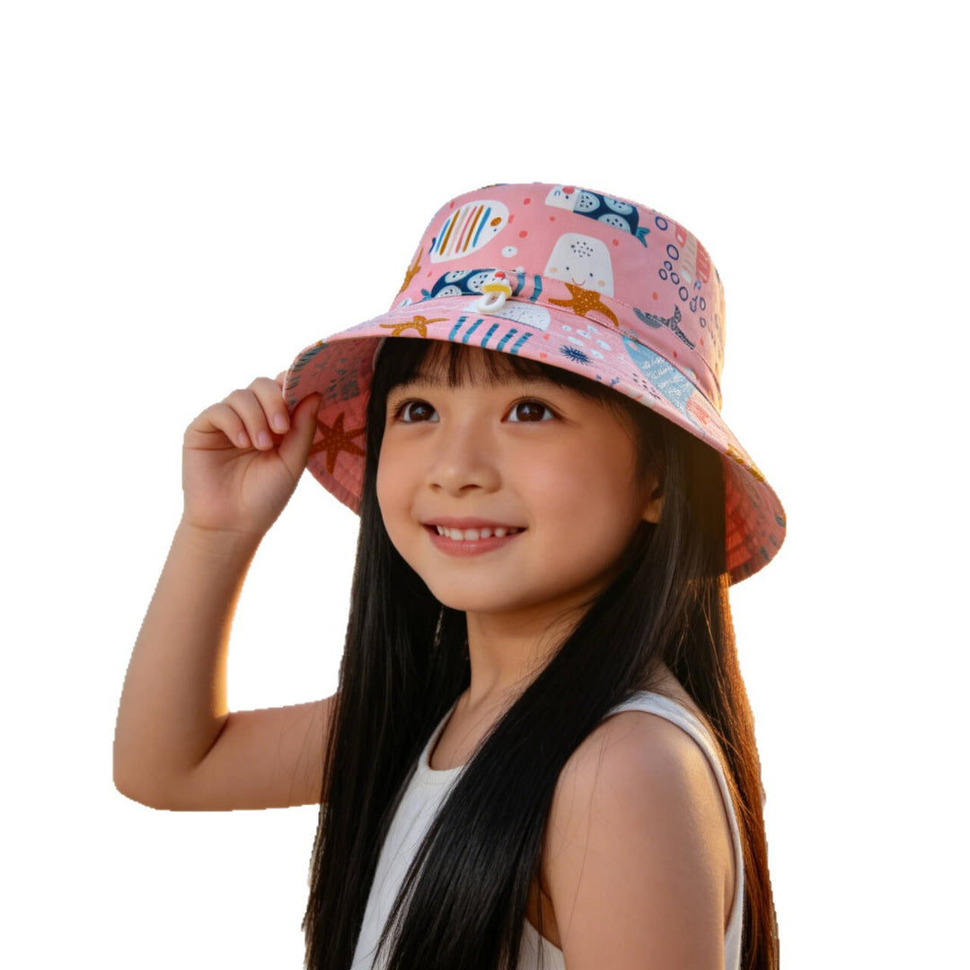 Unisex nan Kinder-Sonnenhut mit Wendemotiv, Kinnband und hohem UV-Schutz  R&B