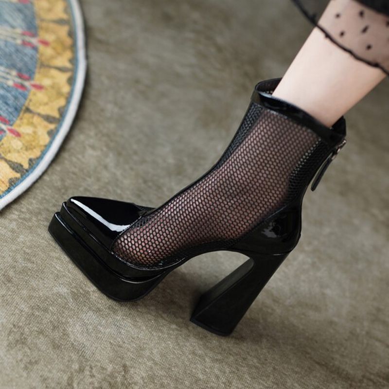 Damen stilvolle Plateau-Stiefeletten mit transparentem Netzdesign R&B