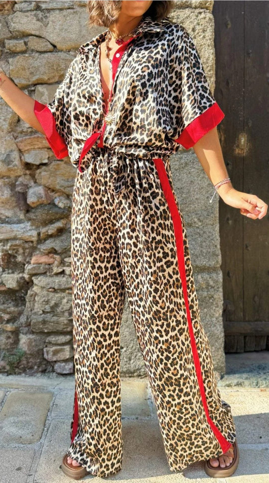Damen eleganter Leoprint-Jumpsuit mit weiten Beinen und lockerer Passform R&B